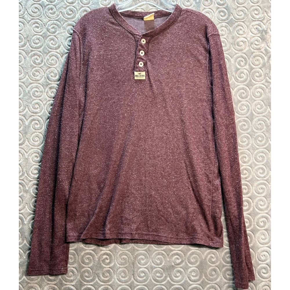 Hollister Mens Burgundy Long Sleeve Henley Casual Shirt Size L‎
